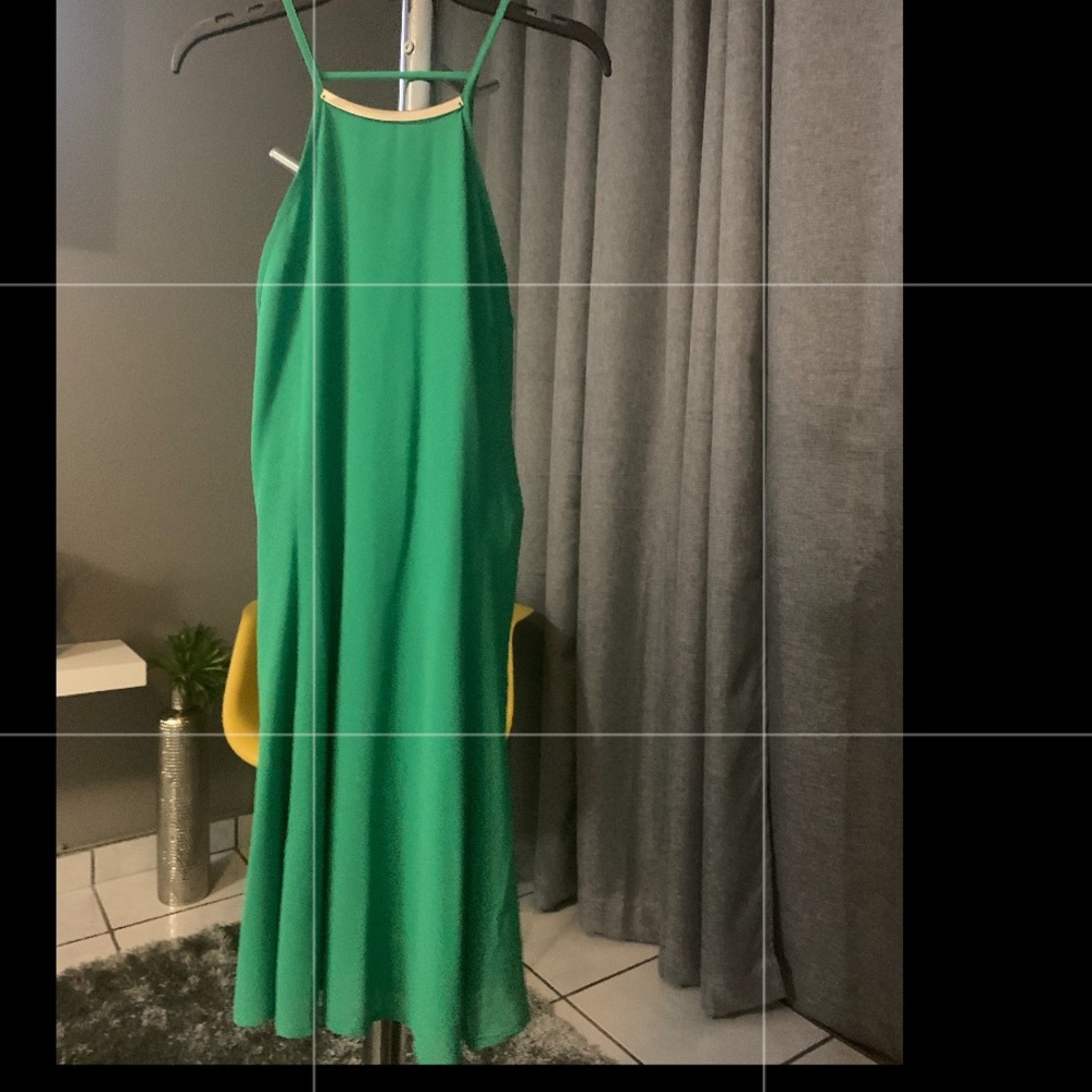 Short green and gold dress.
